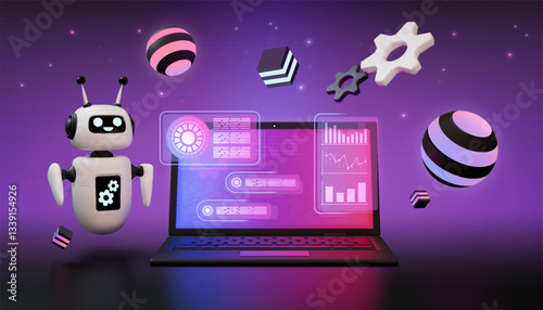 AI robot. 3D tech digital data. Chatbot support agent as artificial intelligence interface. Website infographic in center of laptop. Android assistance. Computer screen. Vector concept