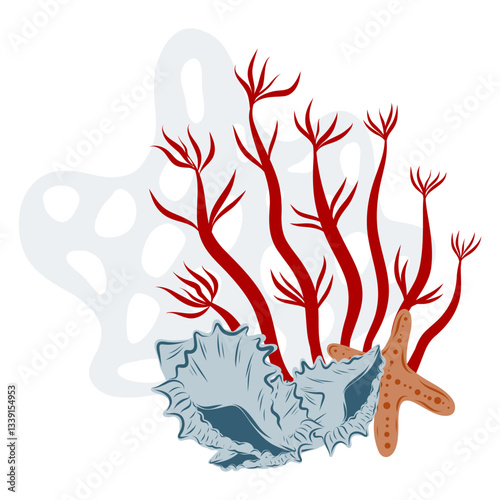 Hand drawn coral reefs with seashells and starfish. Underwater composition with seaweed, vector illustration