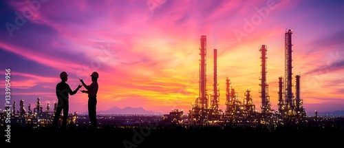 Wallpaper Mural Dramatic colorful sunset sky overlooking an industrial construction site with cranes lifting steel beams as engineers in hardhats gather to discuss development plans displayed on a large screen Torontodigital.ca