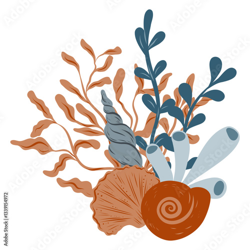 Underwater composition of coral reef, seaweed and seashell. Hand drawn underwater elements. Art of nautical elements