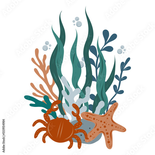 Underwater composition of coral reef, algae, seashell and crab. Hand drawn underwater elements. Art of nautical elements