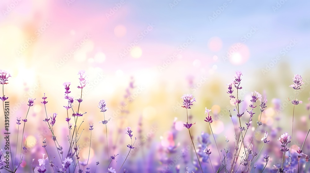 Naklejka premium Dreamy lavender field with a soft soothing floral pattern and delicate blossoms blending into a watercolor gradient This serene peaceful landscape evokes a sense of tranquility and natural beauty