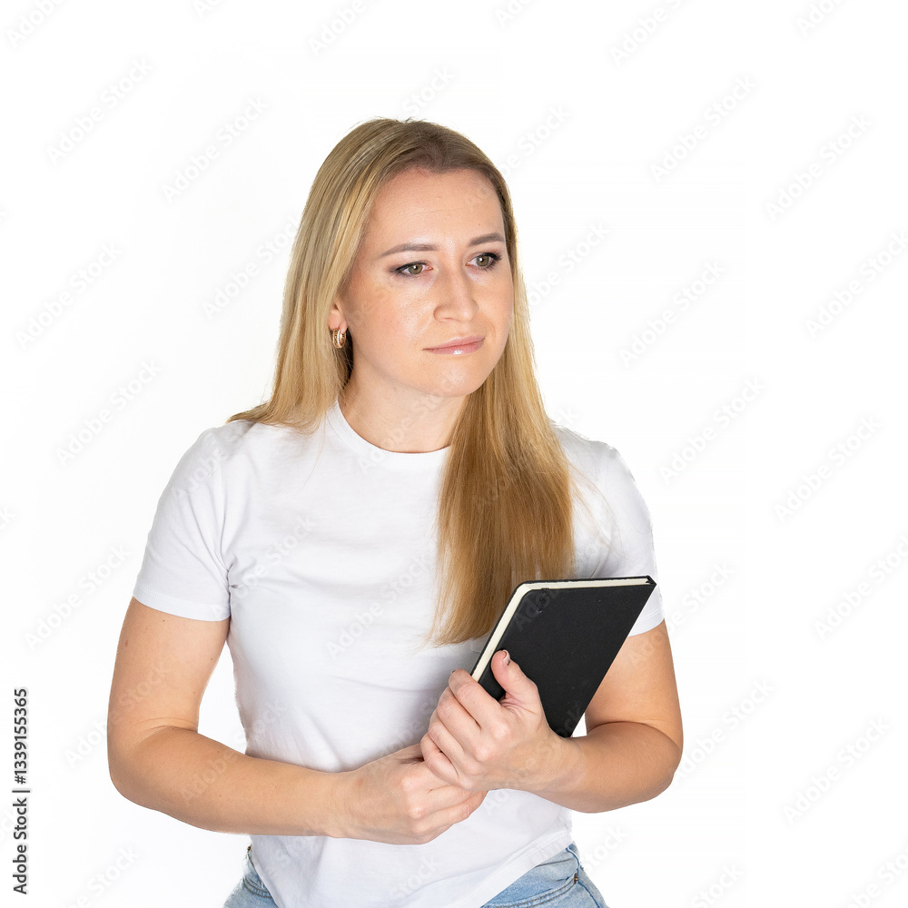 Young blonde business woman wear white shirt white t-shirt writing down in notebook diary remind memories make list dreams isolated on white background studio People lifestyle concept Young blonde business woman wear white shirt white t-shirt writing down in notebook diary remind memories make list dreams isolated on white background studio People lifestyle concept