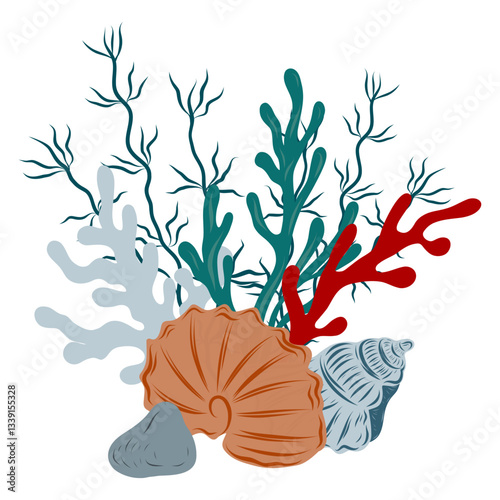 Underwater composition of coral reef, algae and seashell. Hand drawn underwater elements. Art of nautical elements