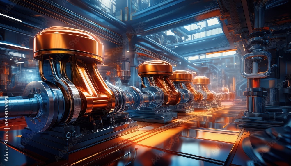 Sophisticated machinery with copper details showcased in a sleek industrial setting. Sophisticated machinery with copper details showcased in a sleek industrial setting.