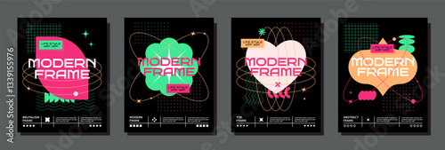 Graphic design elements. Abstract brutal poster. Modern geometric shapes. Y2k stickers. Brutalist figures pattern. Outline grids. Line circles with stars. Vector typography banners set