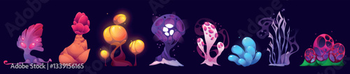 Magic flowers. Fantasy alien forest, world mushroom game element for fairy tale asset. Spark tree landscape glow, dangerous tropical botany, predatory plant. Vector icon isolated cartoon set