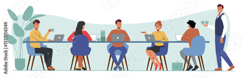 Man working at computer desk. People sitting at negotiation table with laptops. Colleagues brainstorm. Business discussion. Waiter with coffee for office workers. Vector cartoon concept