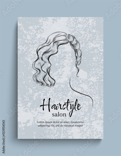 Hair sketch. Hairstyle salon. Female head. Woman haircut. Beauty treatment shop. Cosmetic spa service. Marketing promotion flyer engraving design. Vector hairdressing banner template