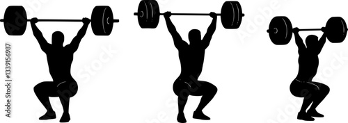 Standing muscular man lifting weights silhouette. Male bodybuilder icon. Weightlifter lifts big barbell, isolated vector silhouette. Weightlifting, bodybuilding. Fitness logo concept