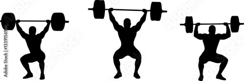 Standing muscular man lifting weights silhouette. Male bodybuilder icon. Weightlifter lifts big barbell, isolated vector silhouette. Weightlifting, bodybuilding. Fitness logo concept