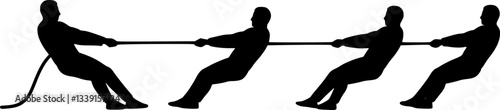 Young couple in a tug of war with a rope silhouette. A man and woman are pulling rope. business competitive metaphor. vector icon. Vector illustration isolated on a white background.