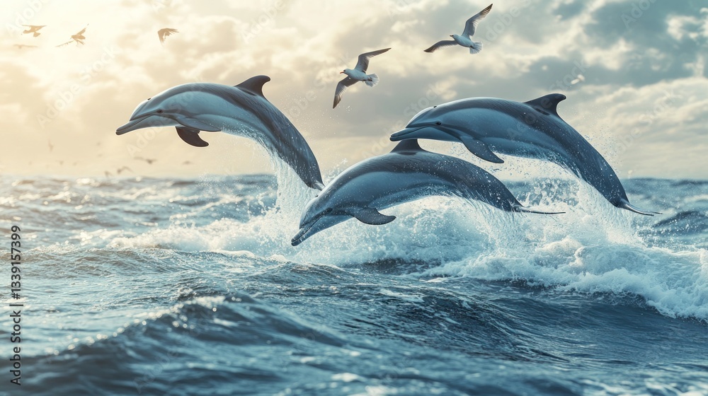 Obraz premium Dolphins jumping in ocean waves at sunrise with seagulls