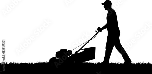 Man pushing an old green lawn mower silhouette. Lawn Mower Silhouette Stock Illustrations. Silhouette Man Pushing Lawn Mower. Black silhouette of a lawn mower on a white background. 