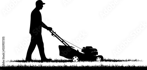 Man pushing an old green lawn mower silhouette. 
