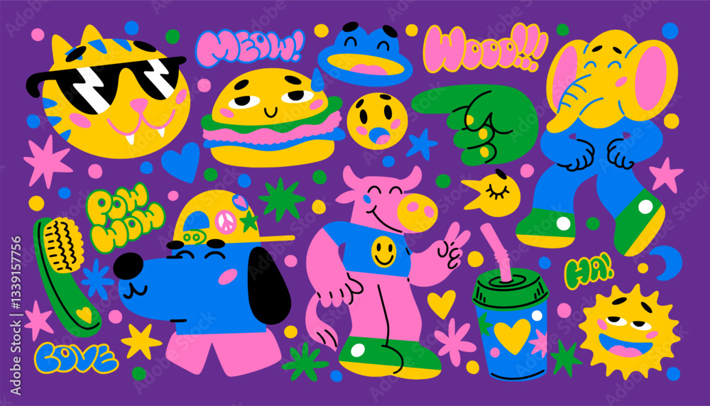 Party stickers. Pop art funny abstract collage with emoji shapes. Retro burger. Cute modern characters. Cat and dog faces. Psychedelic elephant. Vector design cartoon color elements set