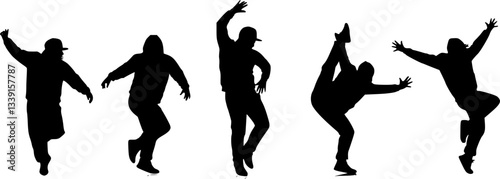Male Hip-Hop Street Dancer Art Silhouette. Set of silhouettes of dancers breakdance dancer. vector illustration. The set of Dance silhouette. Hip hop dancer vector illustration on white background.