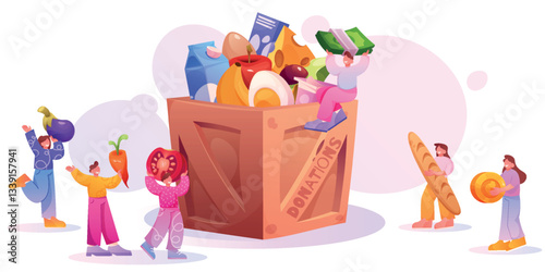 Food donate. Charity box, volunteer drive and help tiny people in grocery or shelter. Poor community support service. Cartoon flat style isolated donation product vector background