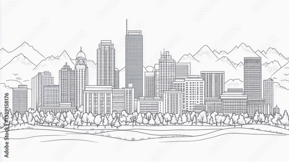 Obraz premium Highly detailed vector illustration of the Denver skyline in elegant line art style