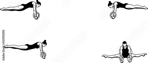 Hands at rings doing gymnastics silhouette. man holding a ring and doing gymnastics in an outdoor gym silhouette. A young athlete is doing a gymnastic exercise Vector on a white background.