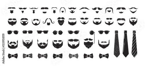 Beard icon. Moustache, hair or glasses on man face, different tie, style curly head shape. Hipster male hairstyle black silhouette. Gentleman model. Barbershop isolated vector symbol set