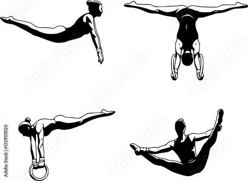 Hands at rings doing gymnastics silhouette. man holding a ring and doing gymnastics in an outdoor gym silhouette. A young athlete is doing a gymnastic exercise Vector on a white background.