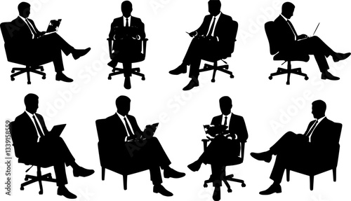 Vector set of business people sitting silhouettes. silhouette man sitting on armchair. men and women sit on armchair, office chair with laptop, tablet, front, side view. isolated on white background.
