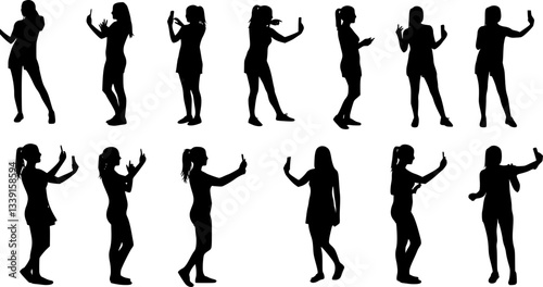 Woman taking selfie silhouettes set. silhouettes of people taking selfies. Woman taking selfie of holding and talking on mobile phone. Woman taking selfie with smartphone on white background.