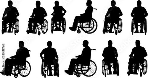 silhouettes, wheelchair users, group of people with disabilities, black and white illustration, simple graphic design, multiple figures, diverse mobility aids, accessibility concept, social inclusion,