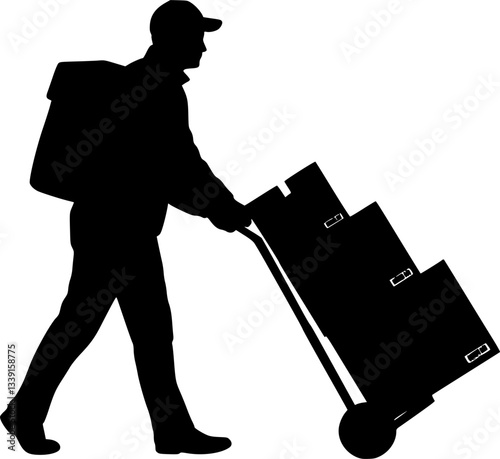 Delivery man silhouette vector. Silhouette of a delivery man pushing a cart with box. Mover pushing moving hand truck or dolly with boxes flat vector icon. vector silhouette on white background.