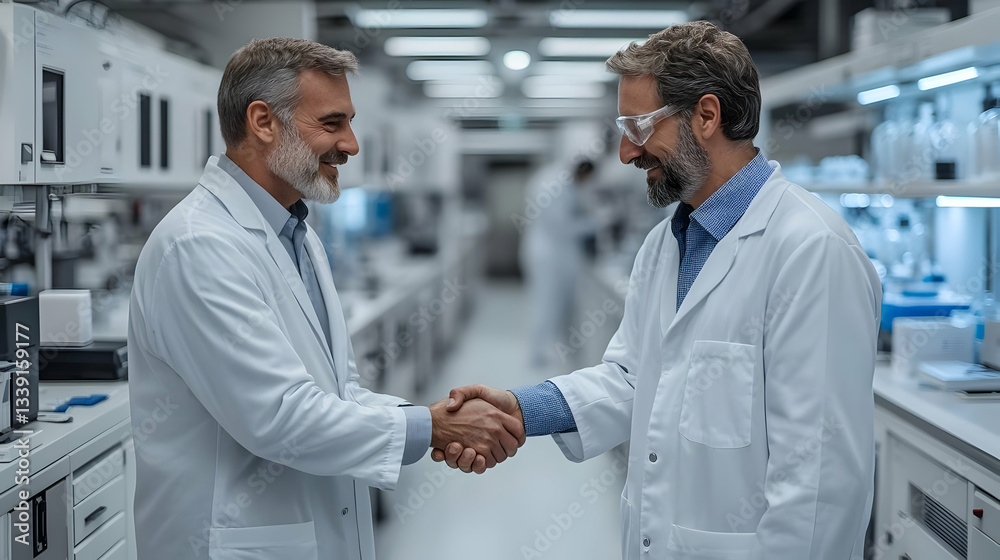 Obraz premium Scientists Handshake in Modern Laboratory