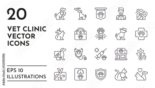 Pet icons. Vet clinic. Veterinary shop. Medical hospital for domestic animals. Syringe and pills. Medicine symbols. Dog and cat care. Health checkup sign. Vector line pictograms set