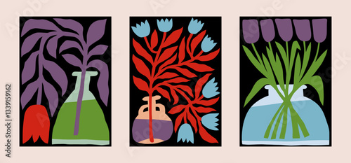 Contemporary flowers. Art vase pattern. Modern naive shapes or decorative retro Matisse collage. Wavy floral forms. Blossoms bouquet. Glass jug with blooms. Vector abstract posters set