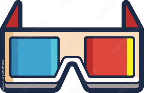 Vintage 3D Glasses Vector Illustration, Vector illustration of vintage 3D glasses with red, blue, and yellow lenses, featuring a retro style design.
