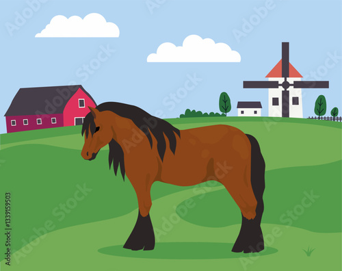 Cartoon countryside landscape. Horse grazing in meadow. Village barn house and windmill. Purebred stallion. Ranch grazeland panorama. Farming animal. Domestic mammal. Vector rural scenery