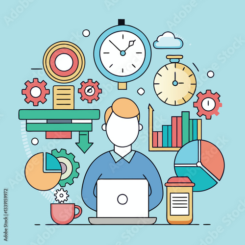 Vector illustration of productivity and data analysis tools, A colorful vector illustration of a person working on a laptop with time management, gears, charts, and data analysis tools for increased p