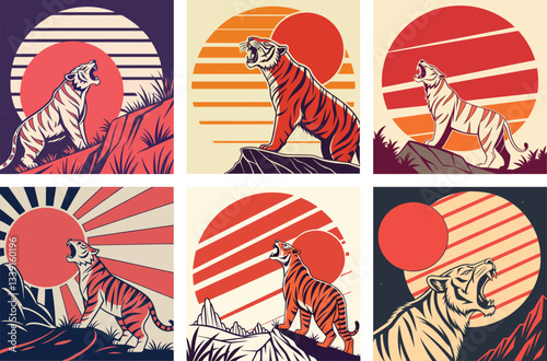 Wallpaper Mural Six unique vintage-style illustrations of tigers roaring against sun and moon backdrops. Perfect for home decor, apparel, or branding. Torontodigital.ca