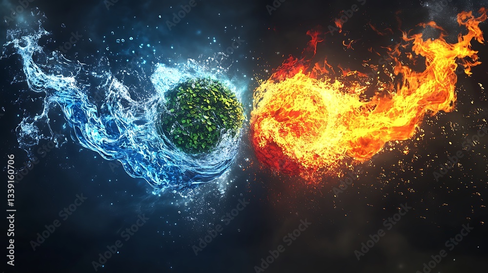 Fototapeta premium Water and fire elements surround a central sphere of green nature