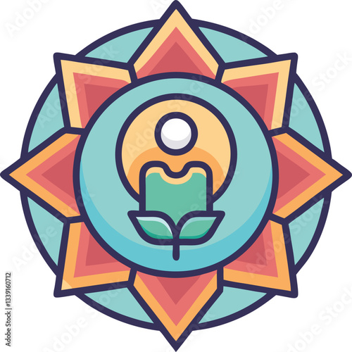 Vector illustration of lotus and sun emblem, A colorful vector illustration featuring a lotus flower surrounded by sun rays, symbolizing peace, growth, and enlightenment.
