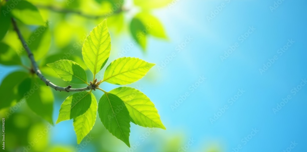 Fresh green leaves on a sunlit branch against blue sky, sunlight, outdoors, environment Fresh green leaves on a sunlit branch against blue sky, sunlight, outdoors, environment
