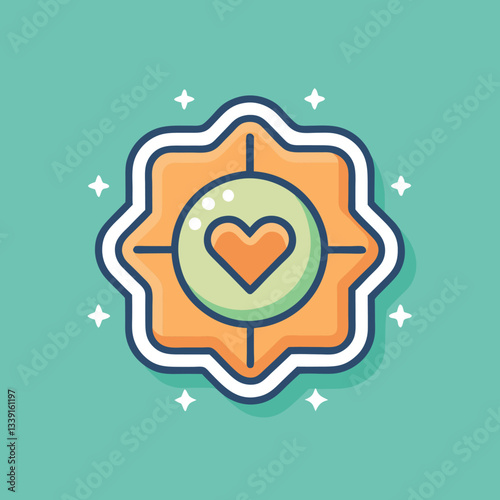 Vector illustration of badge with heart design, A colorful vector illustration of a badge with a heart symbol at the center, featuring a playful and modern design.
