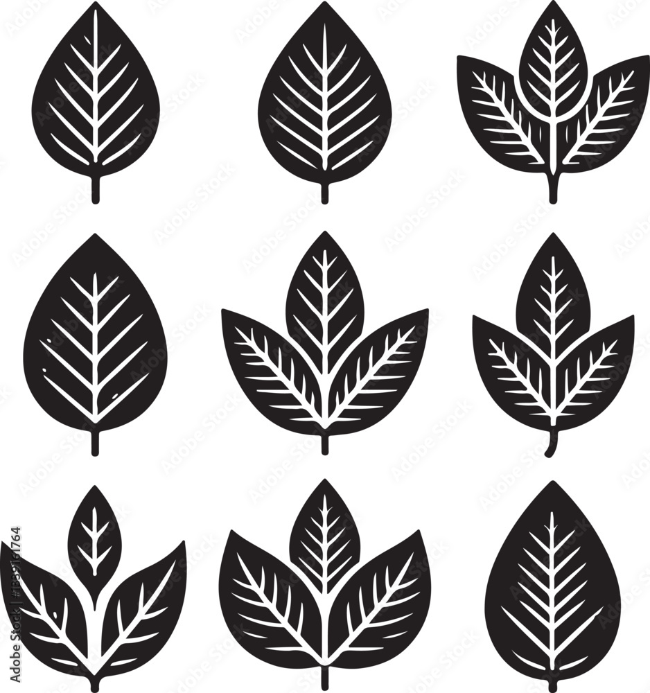 Obraz premium Black and white leaf icon silhouette vector set