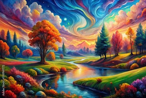 Abstract Landscape Painting Texture Background: Hand-Painted Artistic Nature Scene