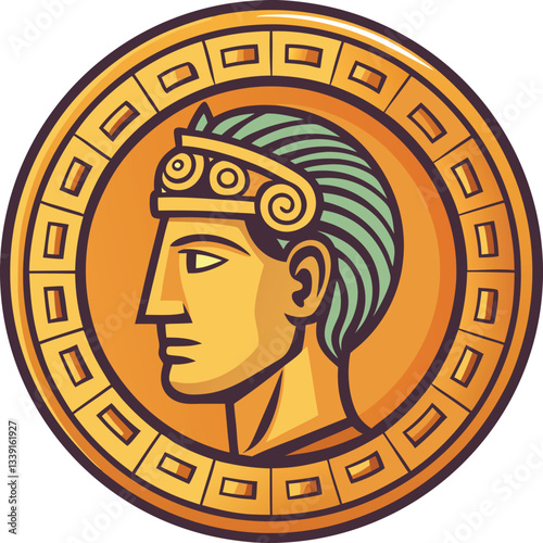 Vector coin with ancient Greek emperor profile, A vector illustration of an ancient Greek-style coin featuring a profile of an emperor with a crown and detailed hair.
