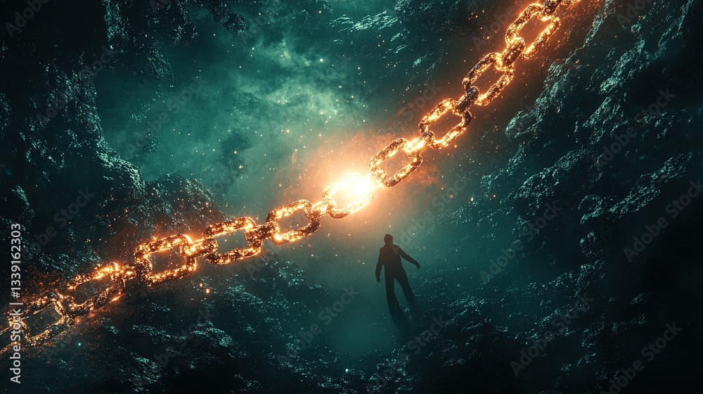 Fototapeta premium A glowing broken chain floating in midair, with a solitary figure reaching for it 