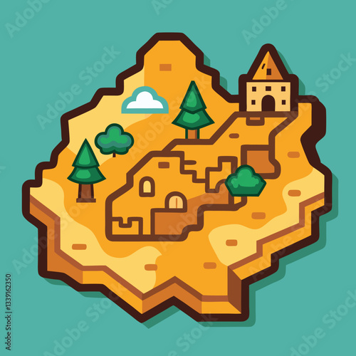 Vector map with ancient ruins and trees, A colorful vector map featuring ancient ruins, a castle, trees, and a path, set on a light teal background.
