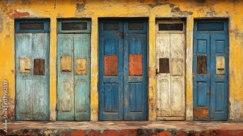 Colorful Vintage Doors on Weathered Yellow Wall