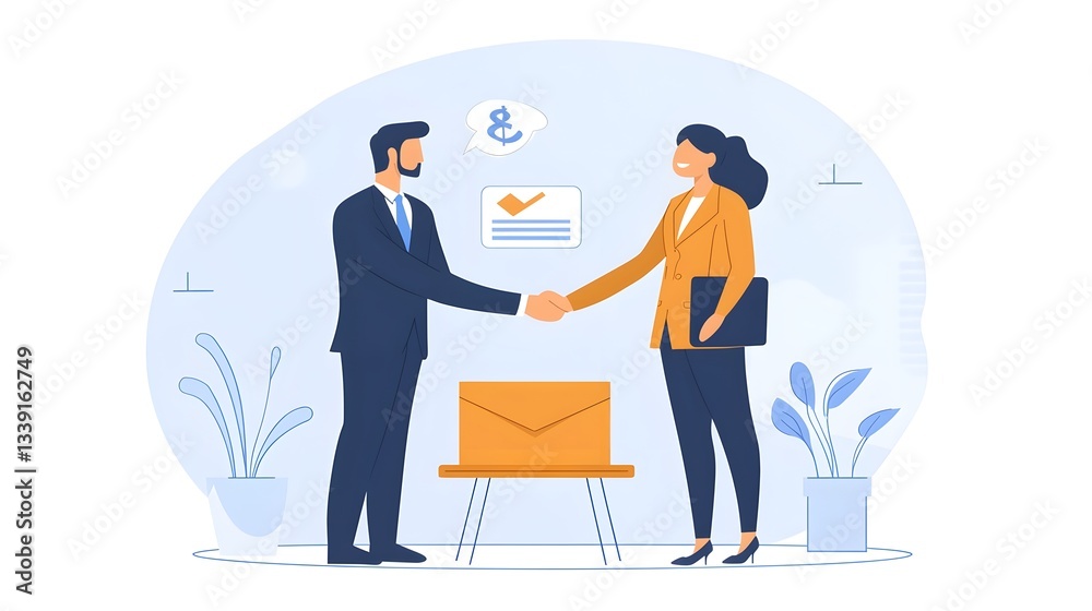 Minimalist depicting two business partners or colleagues shaking hands in a clean modern office workspace signifying a successful deal agreement or partnership contract Minimalist depicting two business partners or colleagues shaking hands in a clean modern office workspace signifying a successful deal agreement or partnership contract