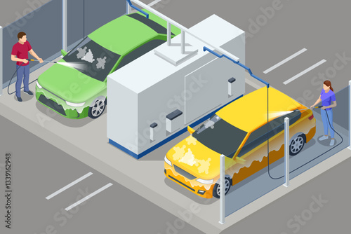 Isometric hand car wash station. High pressure washer. Self-service car wash. Two people are washing their cars at a self-service car wash using high-pressure hoses