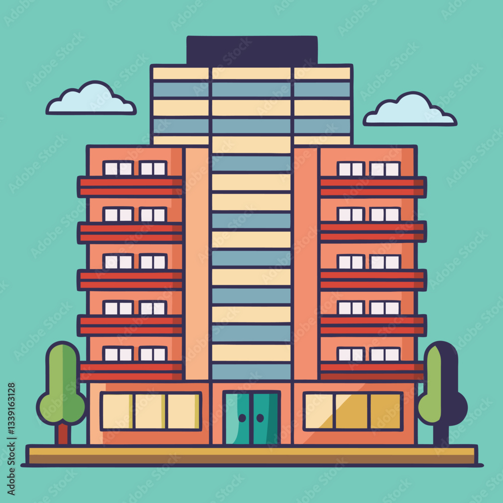 Fototapeta premium Apartment building vector with trees and windows, A vector illustration of an apartment building with multiple windows and trees on a green background.